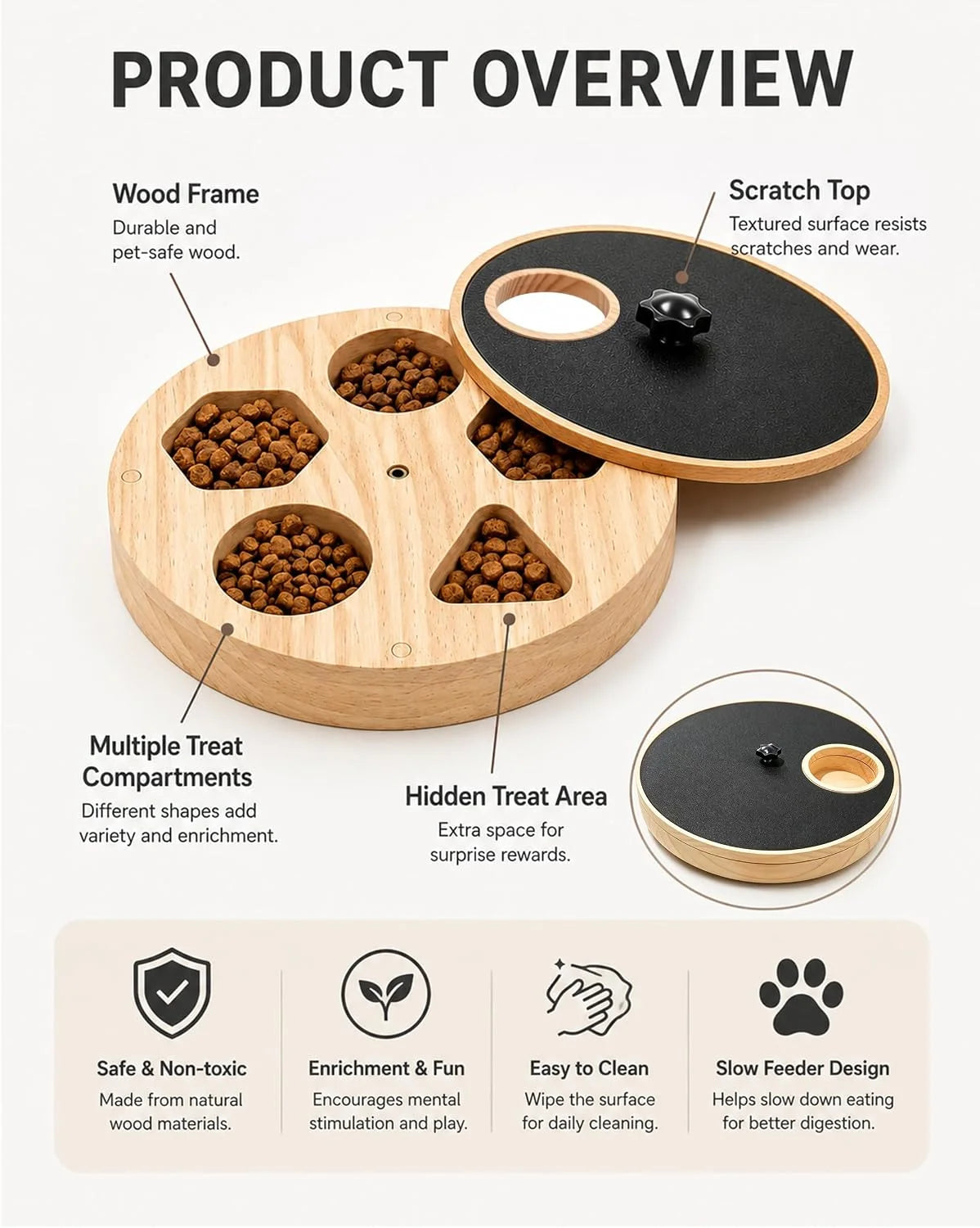 WoodPlay 3-en-1 — Plateau d’enrichissement en bois pour chien et chat