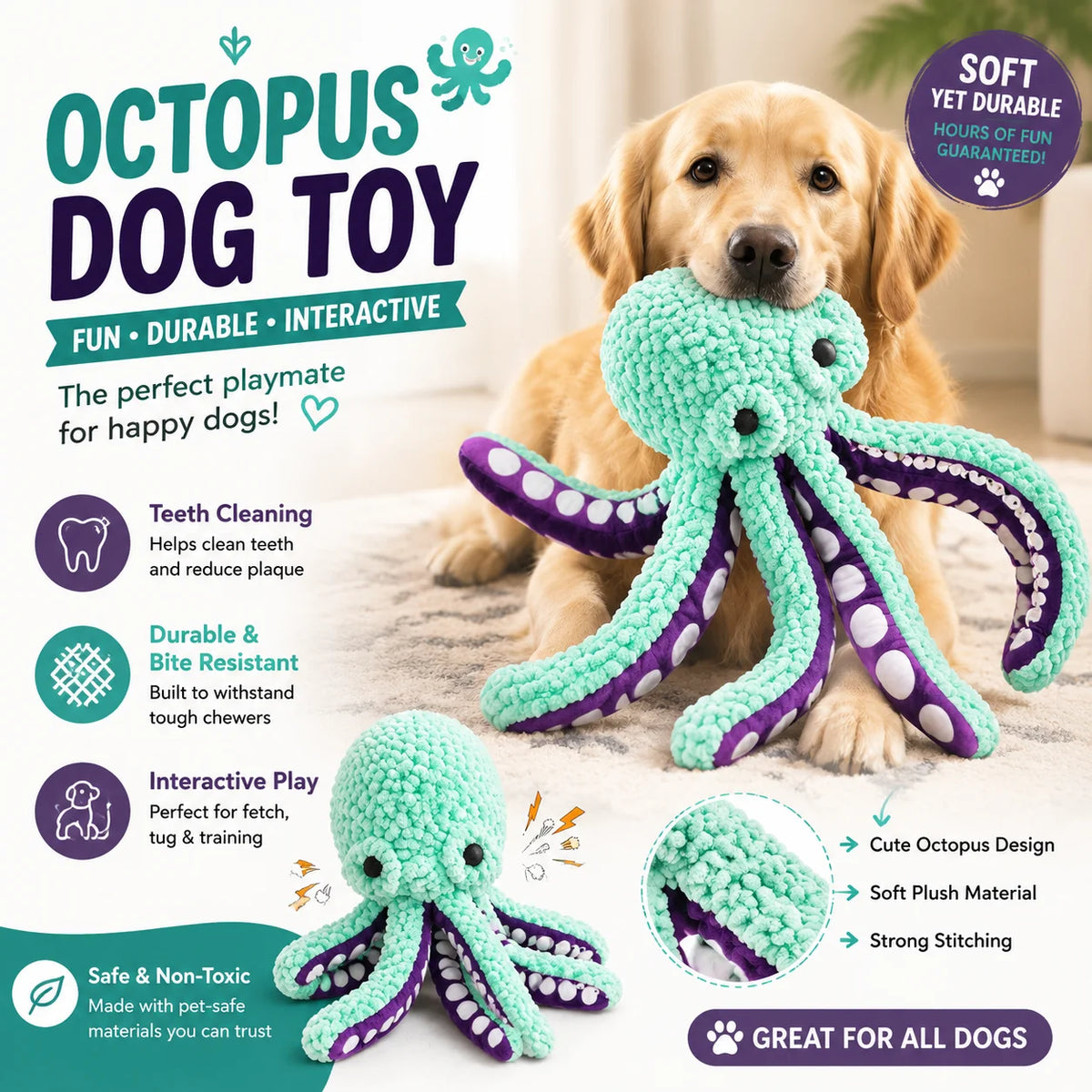 Octopus — Jouet poulpe sonore indestructible pour chien